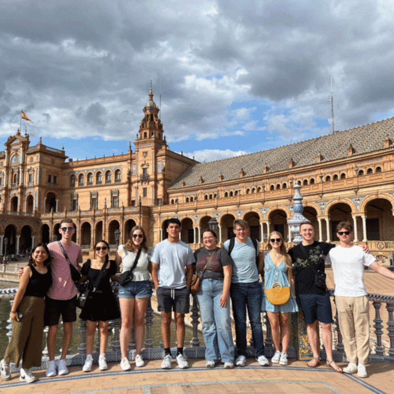 A group of students at the Plaza de España in Seville