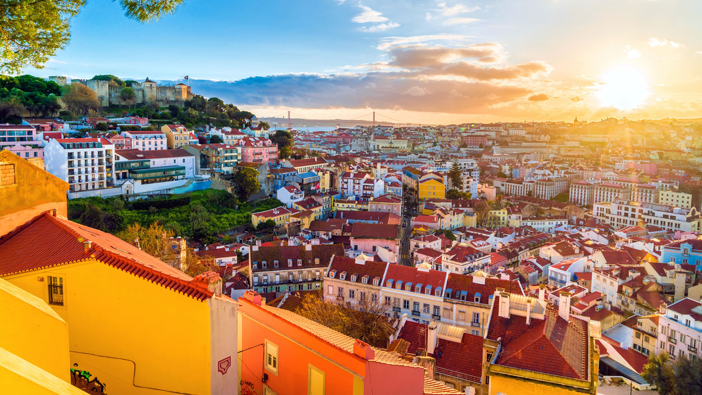 Sunset over the colorful building of Lisbon, Portugal